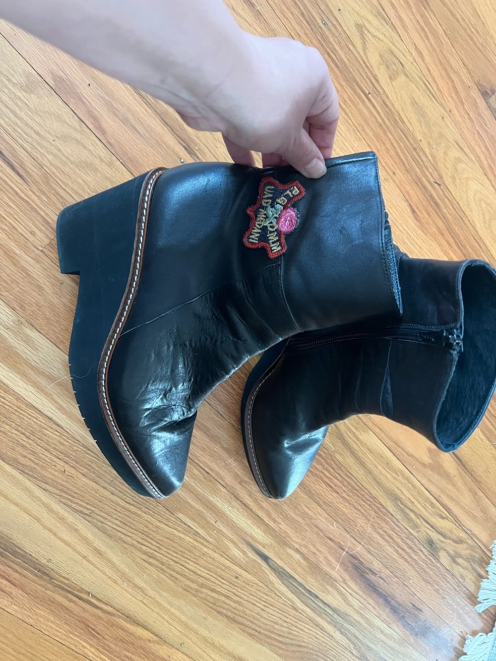 Designer UAD Medani Black Floral Patch Leather Ankle Boots with Platform Heel 8